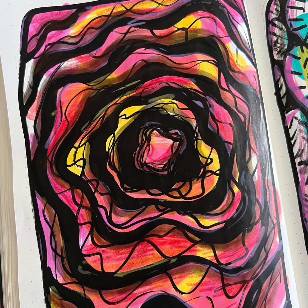 The void. Red, yellow, and pink background with concentric wavy black lines in different thicknesses, conveying a sense of deep, never ending stress. 