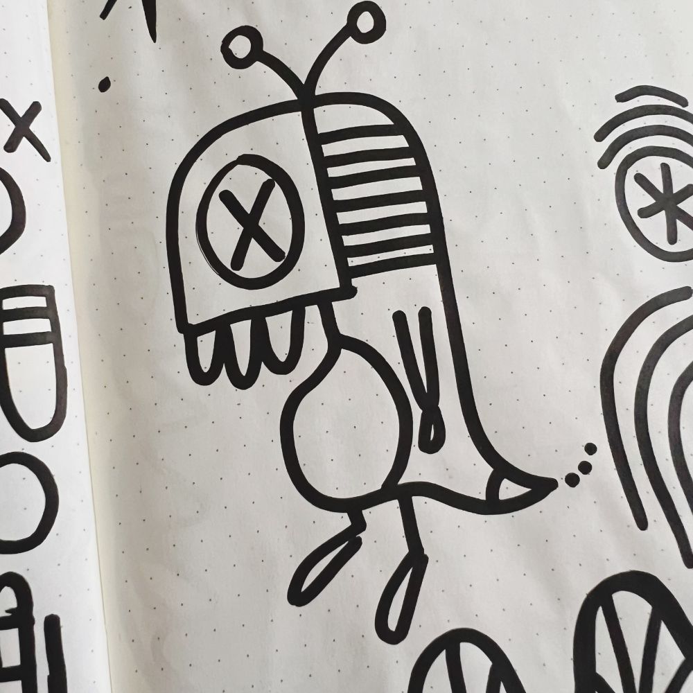 A line drawing of a dinosaur-like figure wearing a mask with a crossed out eye, feeling like giving up. 