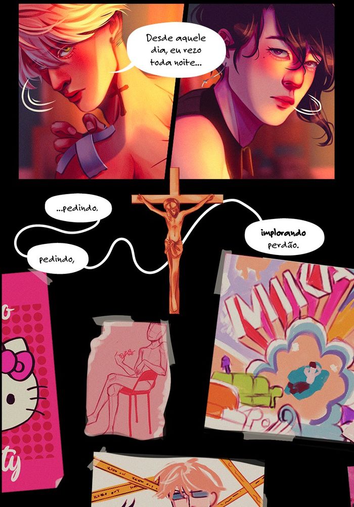 A página 65 tem 3 quadros. Olhando por sobre o ombro, para a parede atrás de sua cama, Nico continua a falar, “Desde aquele dia, eu rezo toda noite…” Dazai acompanha o olhar de Nico, erguendo também os olhos para a parede. O último quadro da página traz o principal ponto para o qual ambos olham: a cruz dourada, trazendo Cristo crucificado, rodeada por pôsteres de mais diversas referências à cultura pop moderna — Hello Kitty, o cantor Mika, o anime Durarara!!, um rascunho do próprio Nico — e Nico então conclui, “…pedindo, pedindo, implorando perdão.”