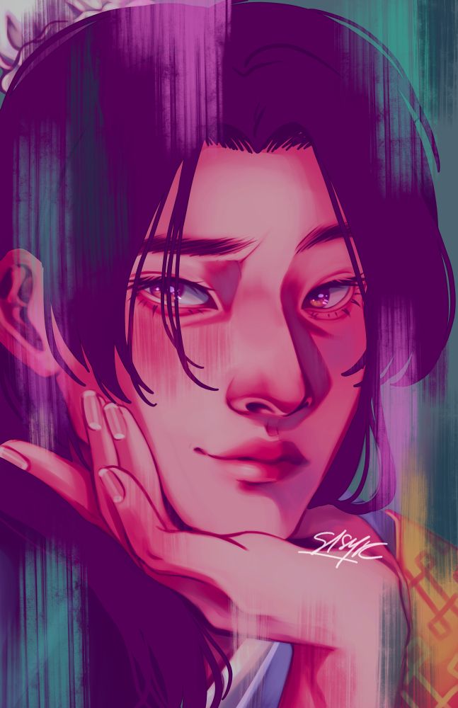 Photocard ilustrado de Jinshi, deuteragonista do anime “Diários de Uma Apotecária”, trazendo o personagem dos ombros para cima em um fundo verde claro. Jinshi é um jovem chinês extremamente bonito, com cabelos lisos, longos e roxo-escuro, parcialmente presos em um coque atrás da cabeça enquanto a franja partida ao meio emoldura-lhe o rosto, e olhos em um roxo-claro. Ele veste roupas históricas comumente associadas com oficiais da corte da China antiga e apoia o queixo em sua mão direita, olhando para o lado com um leve sorriso.
