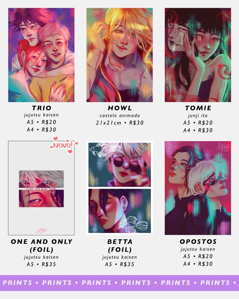 Página 5 do catálogo. Ela traz 6 prints de fanarts de diversas mídias, sendo elas, na ordem: 1. O trio de protagonistas de Jujutsu Kaisen; 2. Howl de Castelo Animado; 3.Tomie; 4, 5 e 6. O ship Satosugu, de Jujutsu Kaisen.