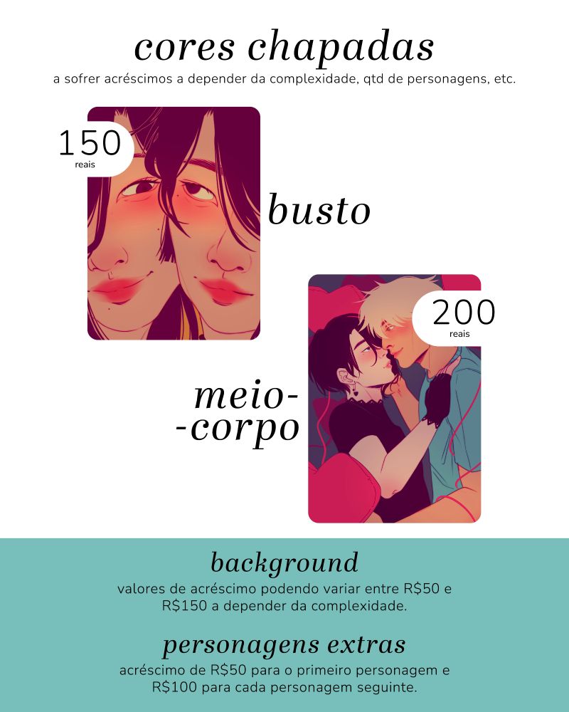 Tabela de preços para ilustrações em cores chapadas. Ilustrações de busto: 150 reais; Ilustrações de meio-corpo: 200 reais. Na parte inferior da imagem, há um retângulo verde indicando os acréscimos referentes a background e personagens extras.