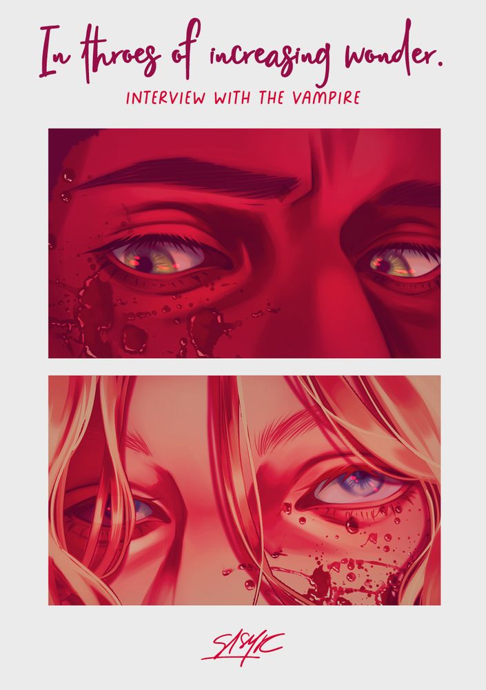Arte de Loustat, ship de “Entrevista com o Vampiro” composto por Louis e Lestat. São dois retângulos horizontais, centralizados em fundo branco. O primeiro deles traz os olhos de Louis — um homem negro, de olhos verdes, sobrancelhas franzidas e gotas de sangue respingadas em seu rosto. Louis olha para baixo, encarando a personagem cujos olhos estão no retângulo inferior, Lestat. Lestat é um homem branco, loiro e de olhos azuis, com sangue também respingando em seu rosto. Ele encara Louis de volta. Acima dos retângulos, há uma frase icônica do ship em letras vermelhas escuro: “In throes of increasing wonder.”, seguido pelo título da obra “Interview with the Vampire” em letras vermelho vivo.
