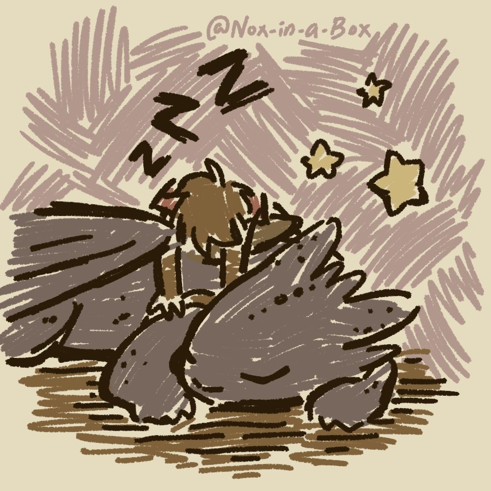 A rough coloured sketch of Toothless and Hiccup sleeping. Hiccup is lying on top of Toothless, his arms dangling. There are a few stars drawn on the right.