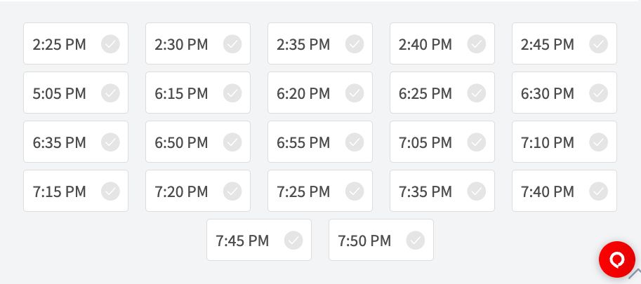 A grid of available appointment times to donate blood, from 2:25 to 7:50pm
