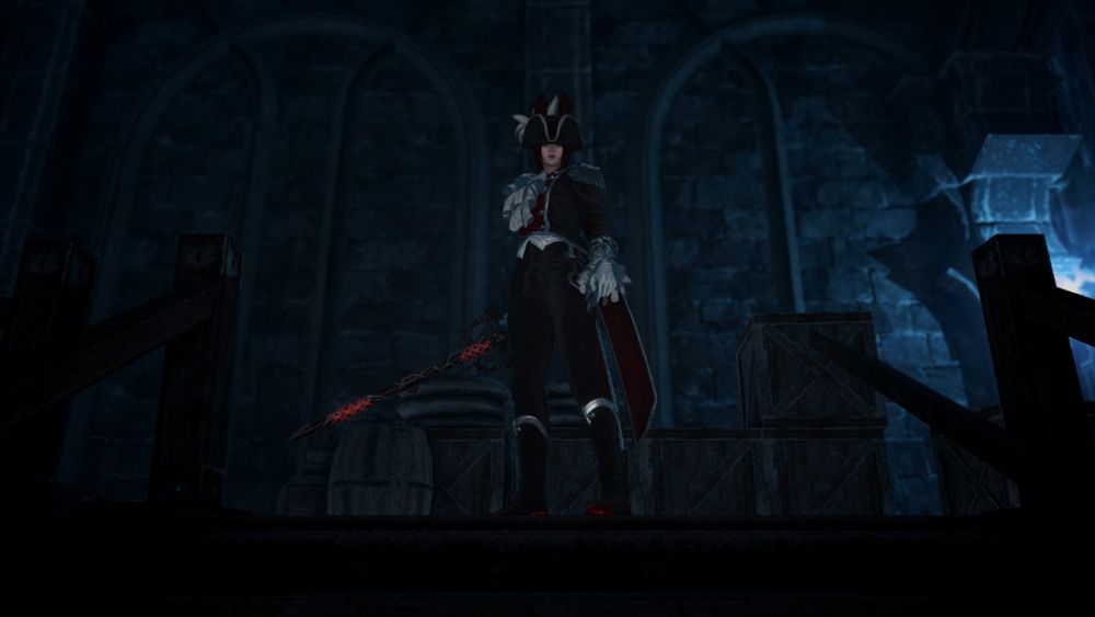 Gaspard is standing at the top of a staircase upon a wooden scaffold, looking down upon the viewer. Her expression is neutral, and she is wielding her sword.