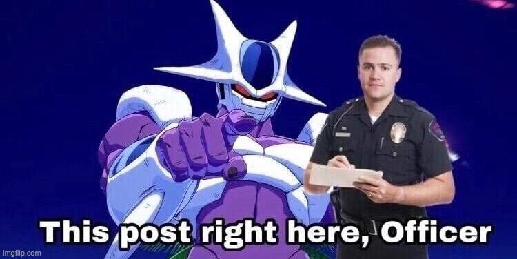 A robot stands next to a police man pointing to the reader. Text: this post right here, officer. 