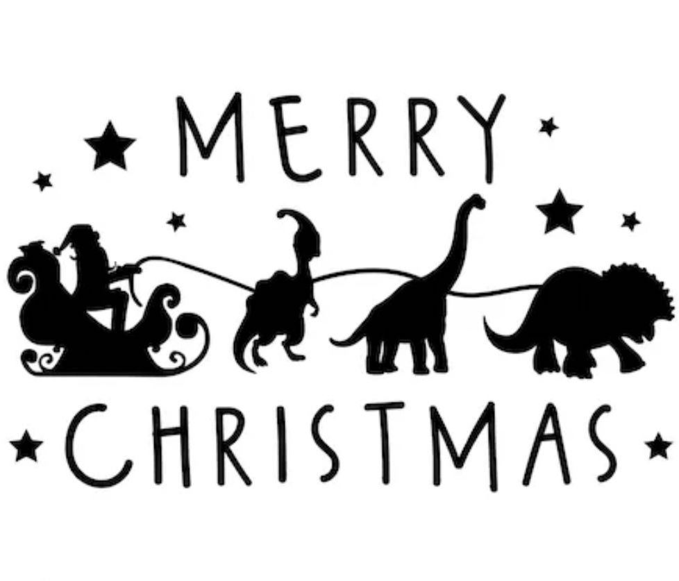 Image from Etsy: SVGDigitalDesigner, Merry Christmas with Santa in sleigh pulled by 3 dinosaurs 