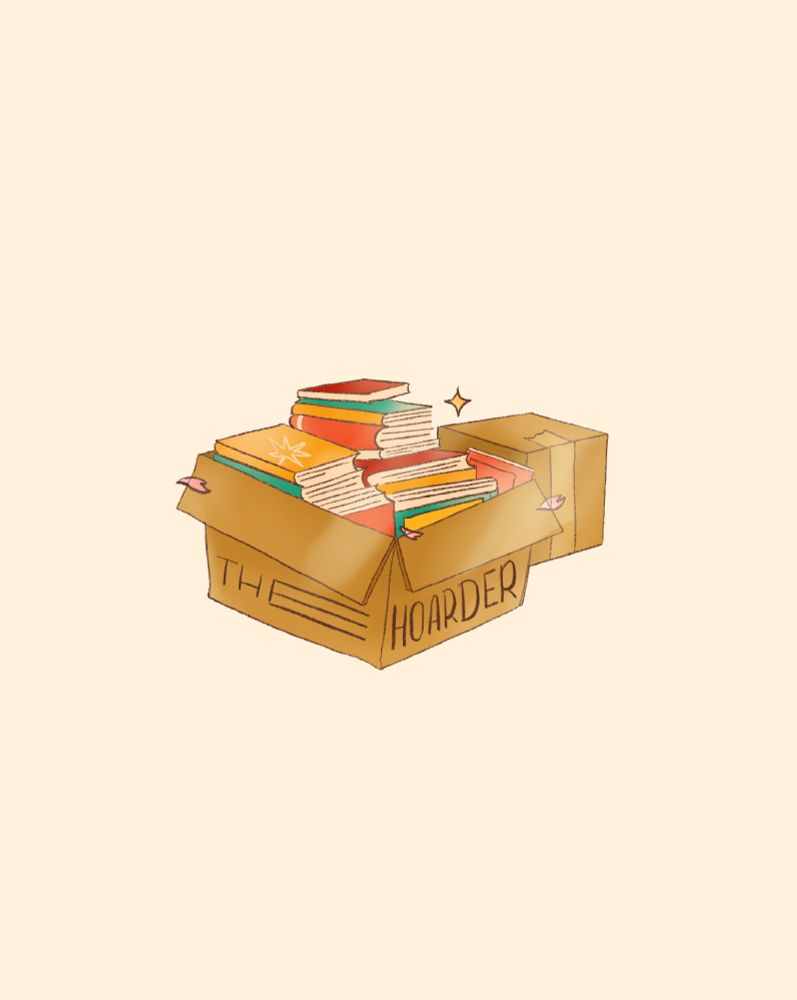 An illustrated sticker design of two boxes full of books with the text 'the hoarder' underneath it 