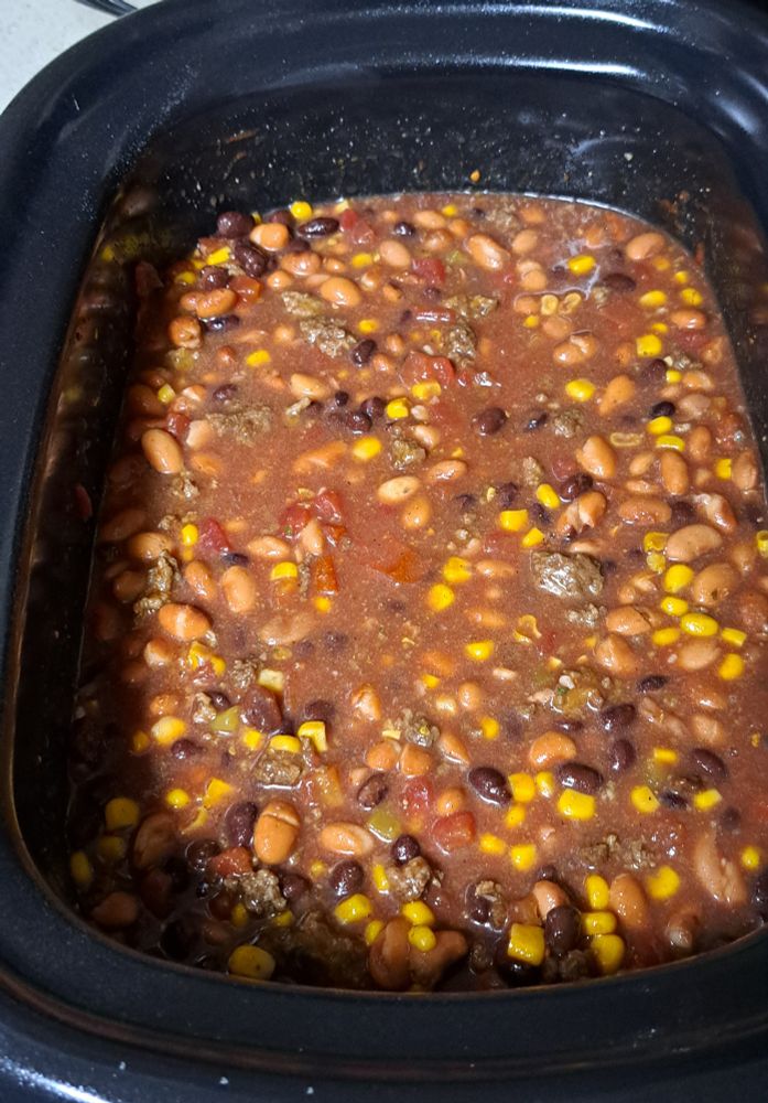 A crock pot full of taco soup. Two cans of black beans including juice, two cans of pinto beans including juice, can of chiles, 1 lb of ground beef or whatever kind of meat you want cooked with taco seasoning, a can of tomato paste, a can of petite diced tomatoes, and a can of corn. Also dry ranch seasoning and additional taco seasoning.