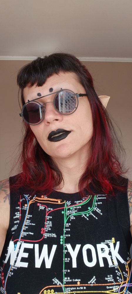 A girl with black and red hair in a bun with bangs, wearing goth makeup, elven ears and a sleeveless shirt with the map of New York Metro.