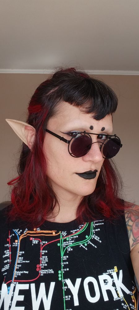 A girl with black and red hair in a bun with bangs, wearing goth makeup, elven ears and a sleeveless shirt with the map of New York Metro.