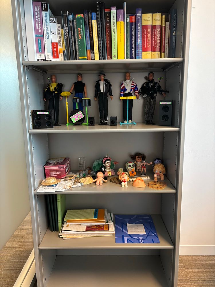 A bookshelf with books, New Kids on the Block dolls, and creepy dolls/doll heads