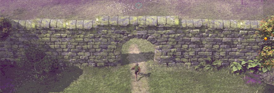 isometric shot of a person in a computer game running though an arch in a stone wall between two grassy fields