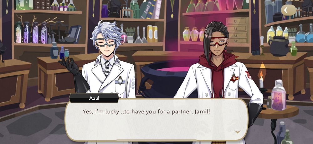 twisted wonderland screenshot of azul and jamil 

azul: “Yes, I’m lucky… to have you for a partner, Jamil!”