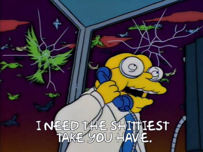 Hans Moleman in a phone booth surrounded by disturbed birds at a bird sanctuary; "I need the shittiest take you have."