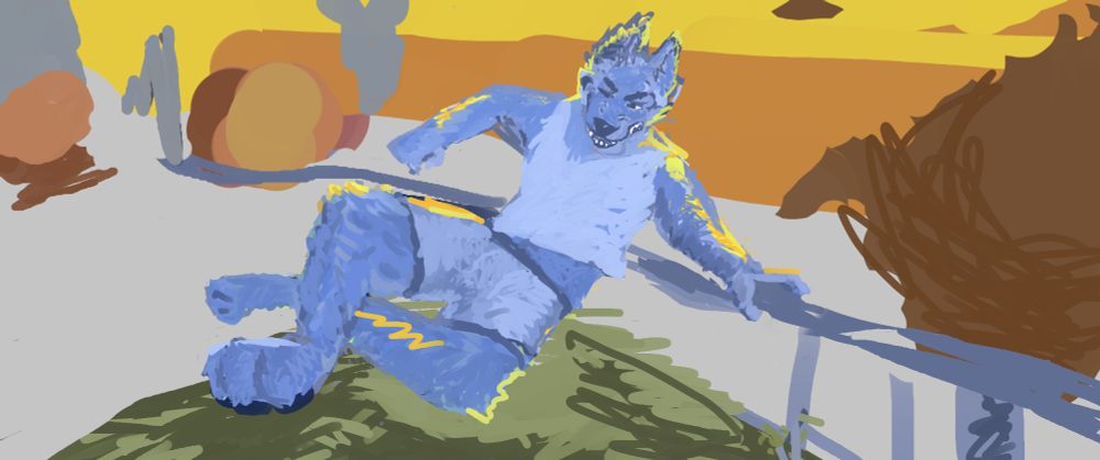 A digital painting of a blue anthro dog jumping a fence. Bright yellow and orange highlights and a desert background create a sunny composition. 