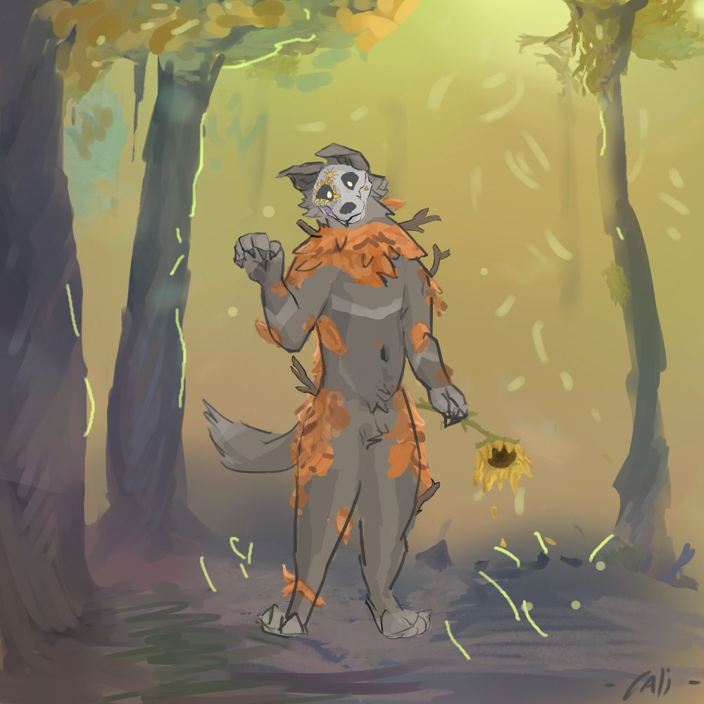 A autumn leave accented, tan wolf with a skull for its face, holds a sunflower and sits in a lit forest