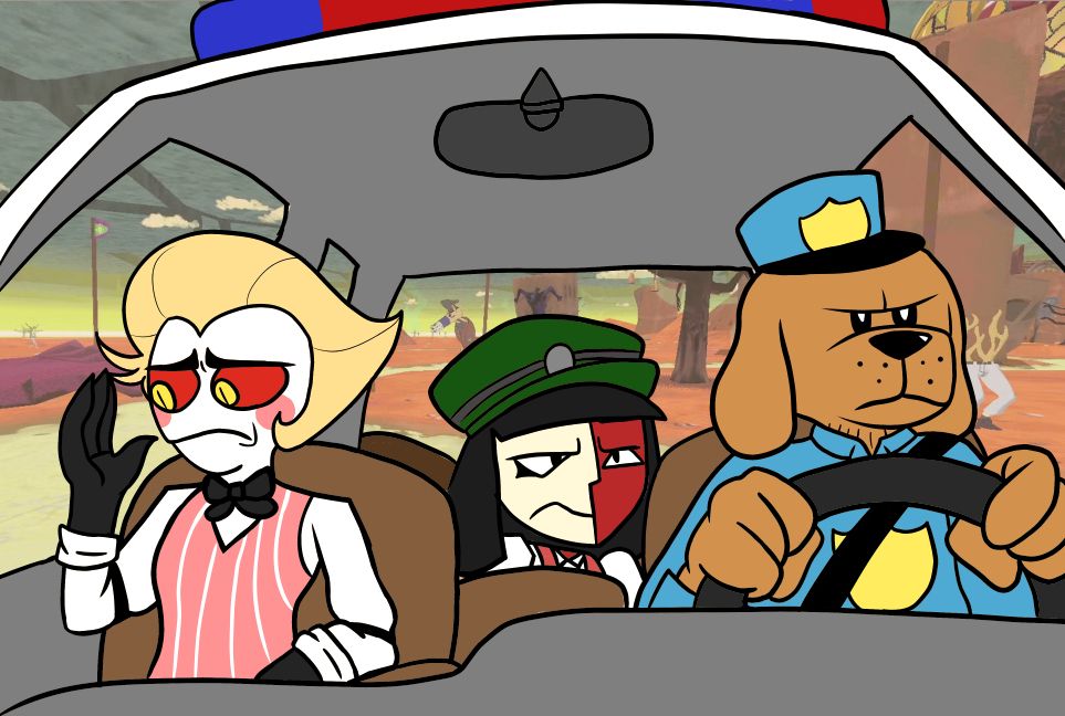 ENA (backseat) and Lucifer (passenger seat) in Dog Man's (driver) police car. 