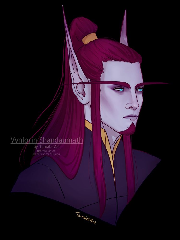 Portrait of the void elf Vynlorin Shandaumath with long wine-colored hair, pale periwinkle skin, and glowing light blue eyes. He is staring off to the side with a very unamused and tired expression which is emphasized by the dark magenta circles around his eyes, making him look as if he hasn't slept well in a hundred years. His hair is half tied up and half cascading down his shoulders.
