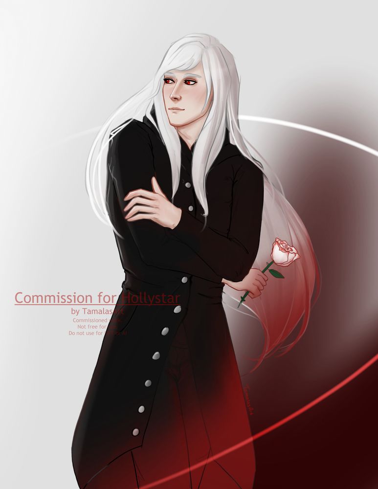 Art depicts a colored sketch of a long white-haired, pale-skinned vampire (he/him) with red eyes. He is looking over his shoulder with a faint, warm grin and gently-blushing cheeks as if looking at something off screen. His body is facing the other direction where there is a red light casting a red shadow. In his shadowed hand is a rose, white with red splashes on it. He's wearing a black outfit which includes a long black coat.