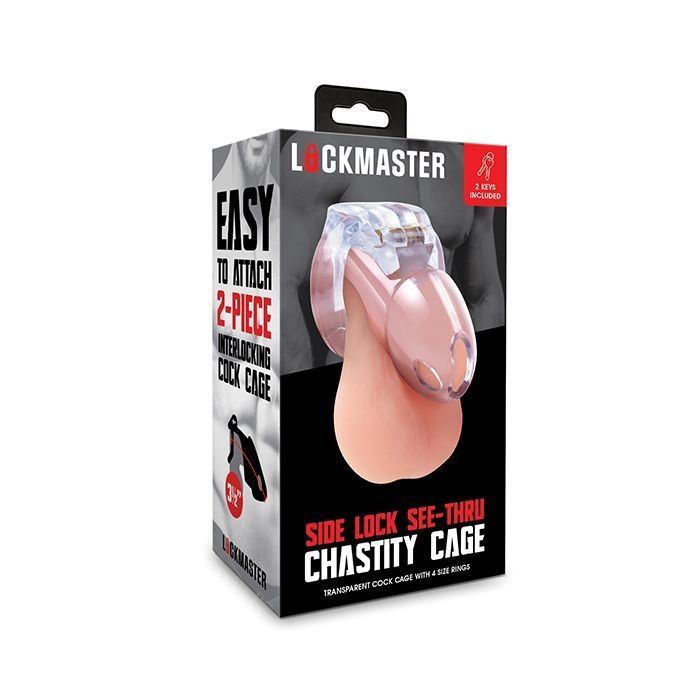 a box package for the Lockmaster brand Side Lock See-Thru Chastity Cage, the side panel proclaiming "Easy to Attach 2-Piece Interlocking Cock Cage". retails at an affordable price