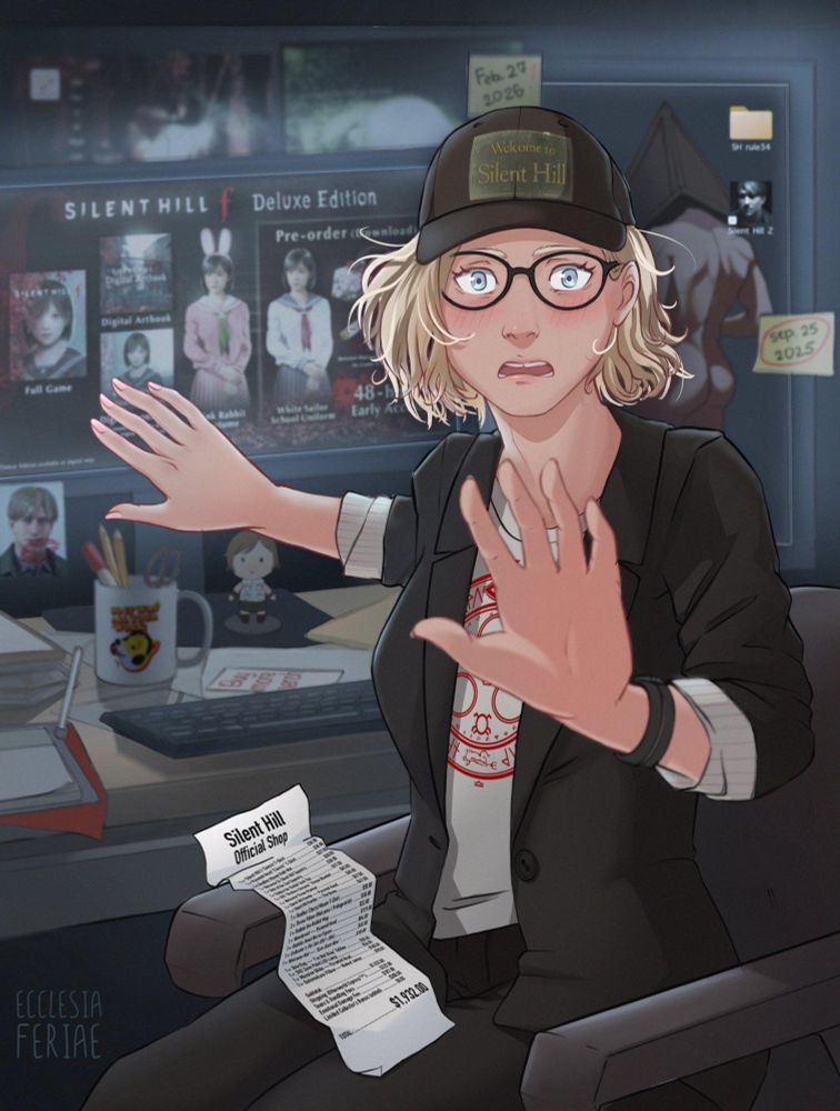 Grace Ashcroft sitting on her chair and looking at the camera while trying to hide that she is a huge Silent Hill fan.

PC open and ready to buy deluxe edition of Silent Hill F in one monitor, the other shows a naked Pyramid Head with icons for a porn silent hill folder and the shortcurt for Silent Hill 2.

She also has a photo of James (protagonist of Silent Hill 2) with a kiss mark on her desk.
On her lap is a receipt for a huge list of silent hill related merch.