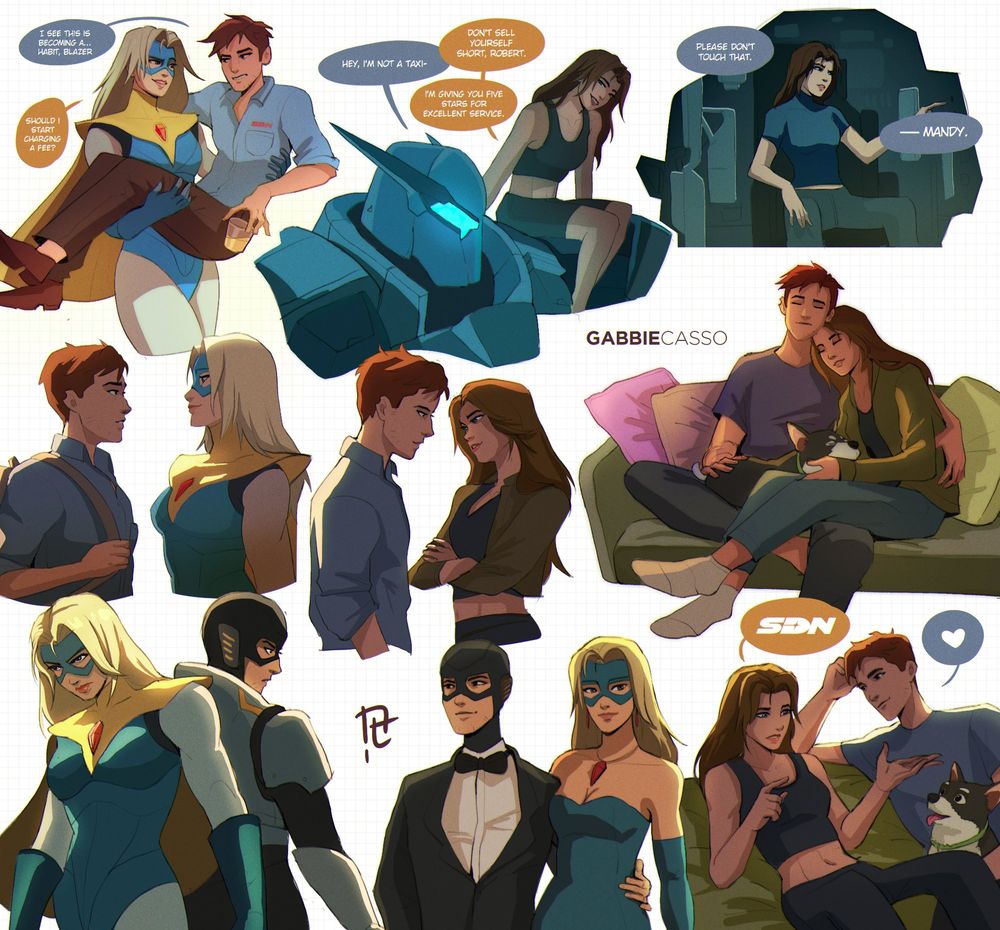 Fan art do jogo Dispatch mostrando Blonde Blazer/Mandy e Robert/Mecha Man em várias situações como um casal.