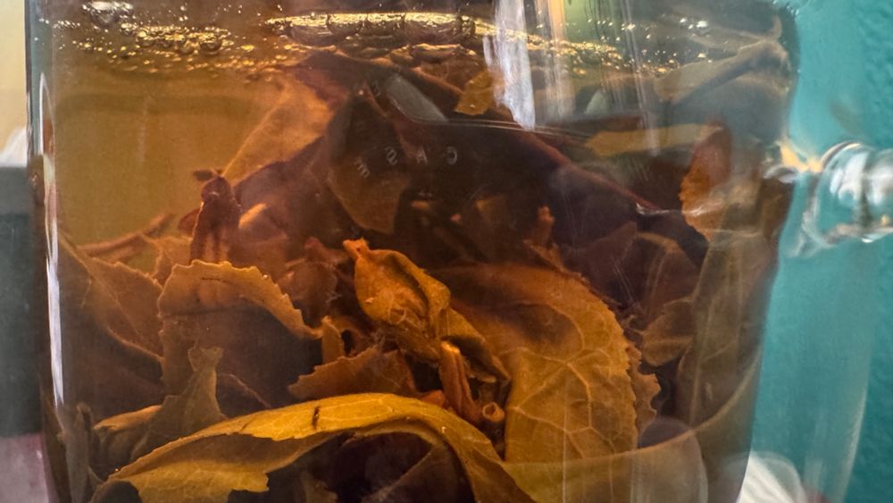 Tea leaves in a glass brewed grandpa style 