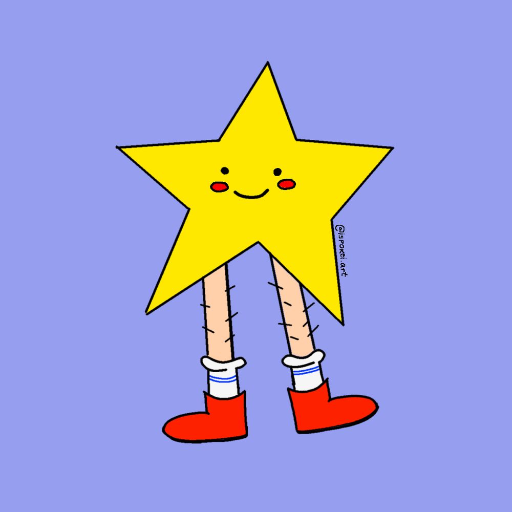 uma estrela de cor amarela, com uma carinha smile, de bochechas cor vermelha, em pé com pernas cabeludas usando meias brancas e sapato vermelho