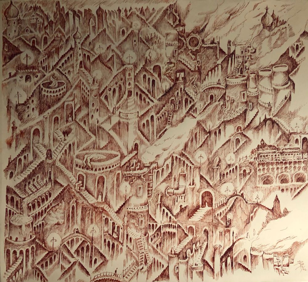 A vast imaginary city of industrial works, stairs, towers, and mysteries.