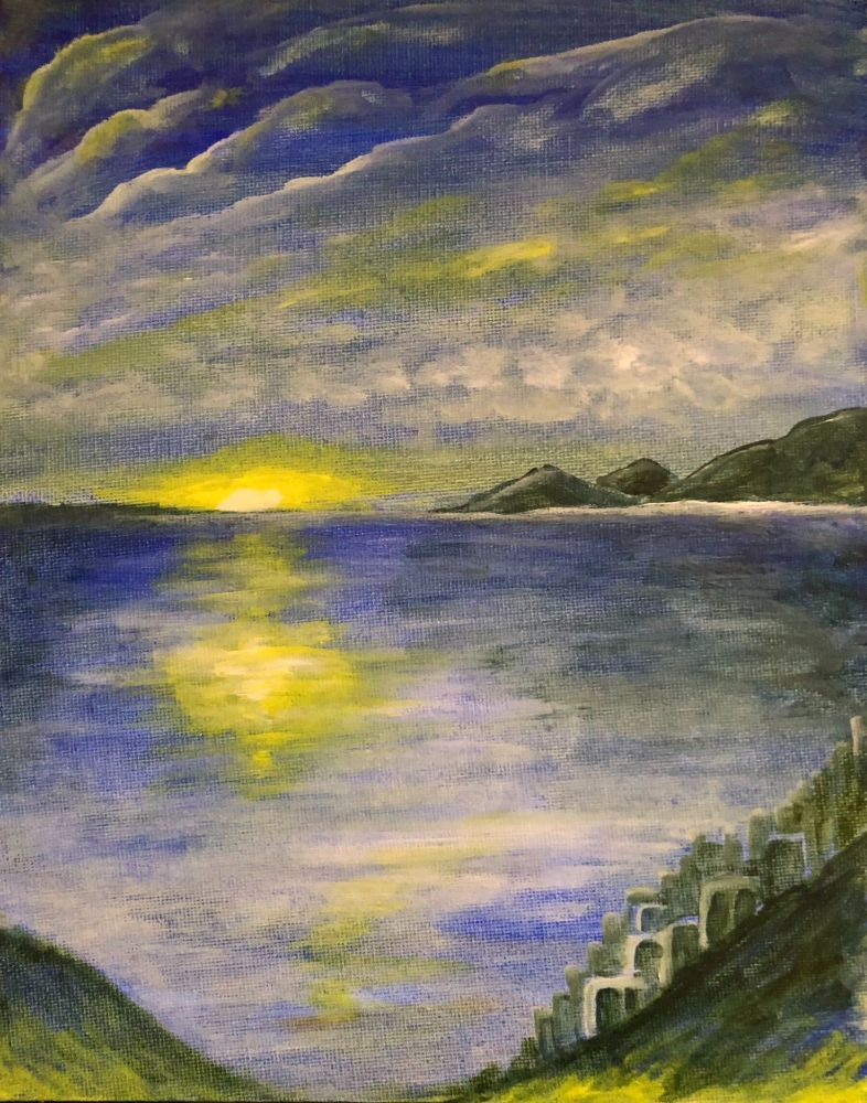 A painting of a sunset against a lake, the sky fading, old buildings in the foreground.