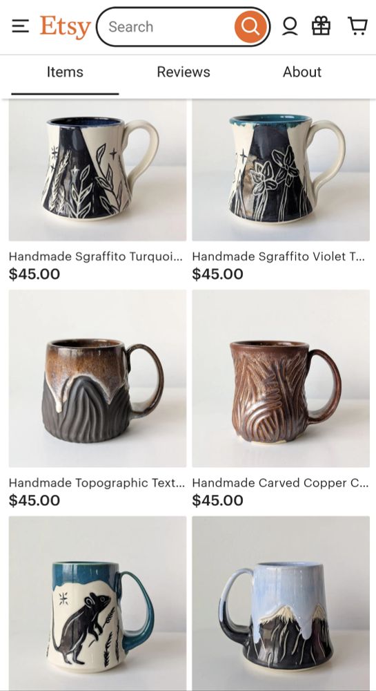 Etsy shop page with mug listings