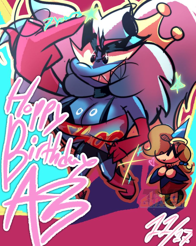 AB (the hot blue alien) looks up to the viewer giving them the bird with a smug grin. The little girl beside her (Elly) has a wholesome smile as they celebrate AB'S BIG DAY!