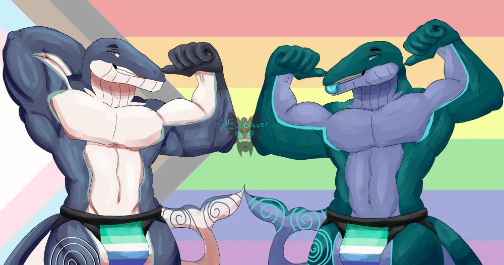 Dizzy in his main and alt form flexing infront of an all inclusive Pride flag during Pride month