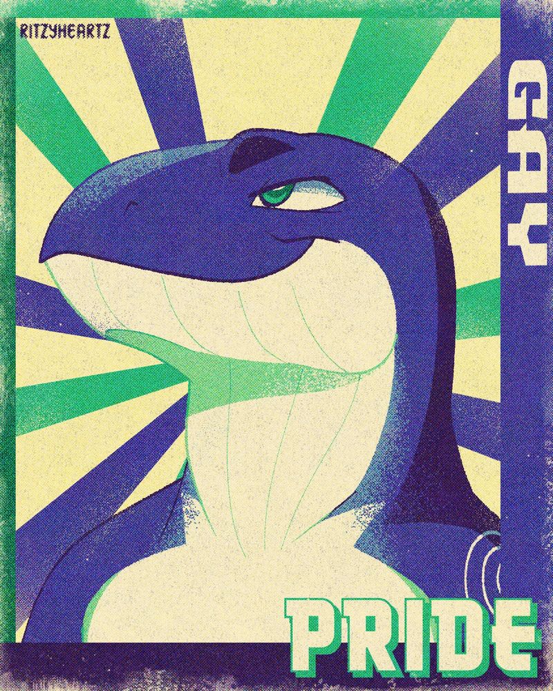 A propaganda poster of a confident whale Dizzy in gay men loving men flag colors. 
