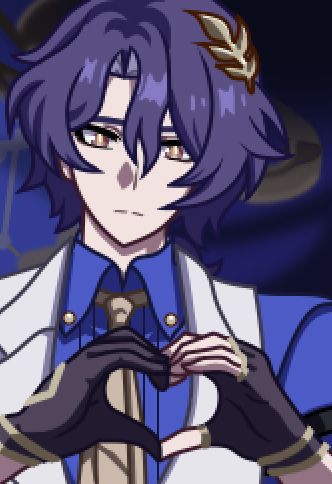 Dr. Ratio from Honkai: Star Rai making a heart with his hands. He is dressed in the concert outfit from the game's 2nd anniversary animation. The image is kind of low-res and pixelated, almost as if it were just a tiny part of something bigger. It's definitely not though.