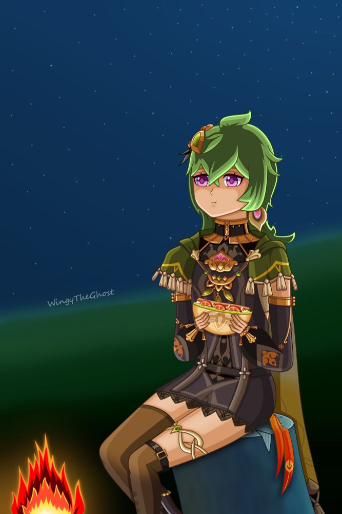 Collei from Genshin Impact, sitting on a tree stump and eating a pita pocket in front of a roaring campfire under a night sky.