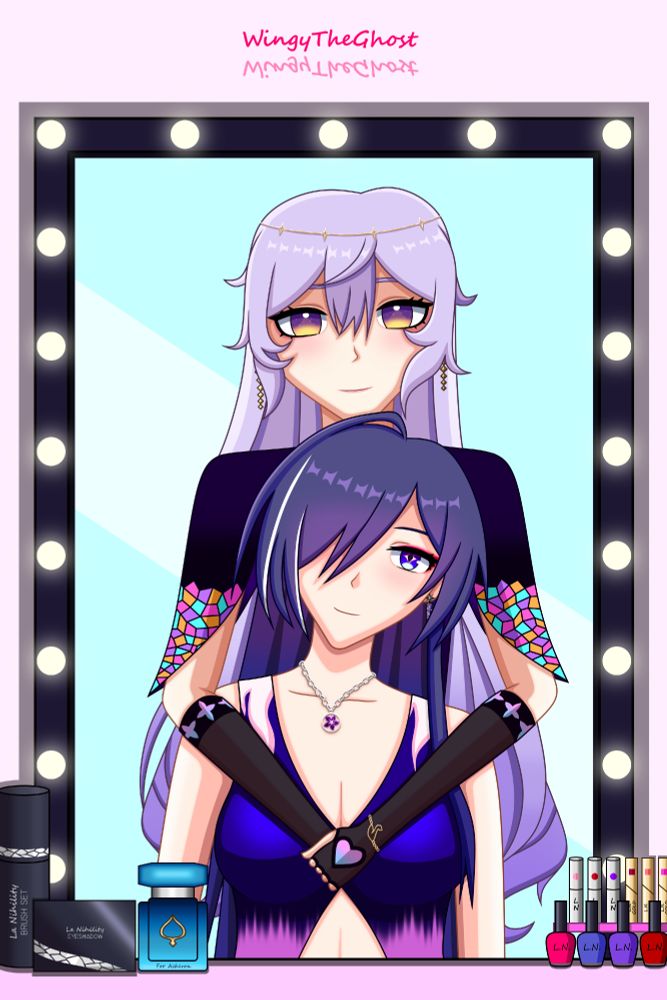 Acheron (bottom) and Black Swan (top) from Honkai: Star Rail, wearing alternate date night outfits and looking into a vanity mirror. On the vanity from left to right are a makeup brush kit, an eyeshadow palette, a blue perfume bottle, four nail polish containers and six lipstick tubes.