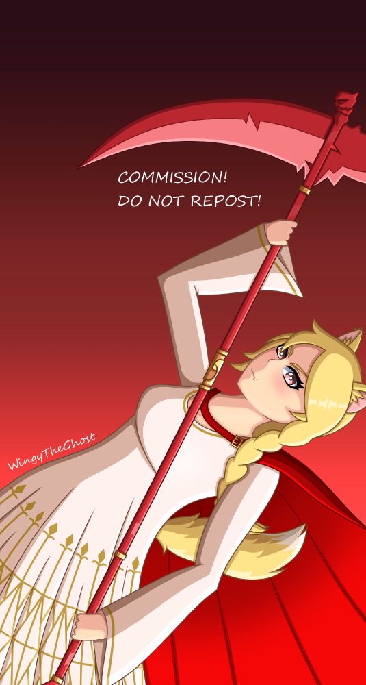 A blonde woman with fox ears and a tail swinging a red scythe. She is wearing a long-sleeved white dress with gold patterns, and a red cape. Her pink eyes are staring at the viewer with a smile.