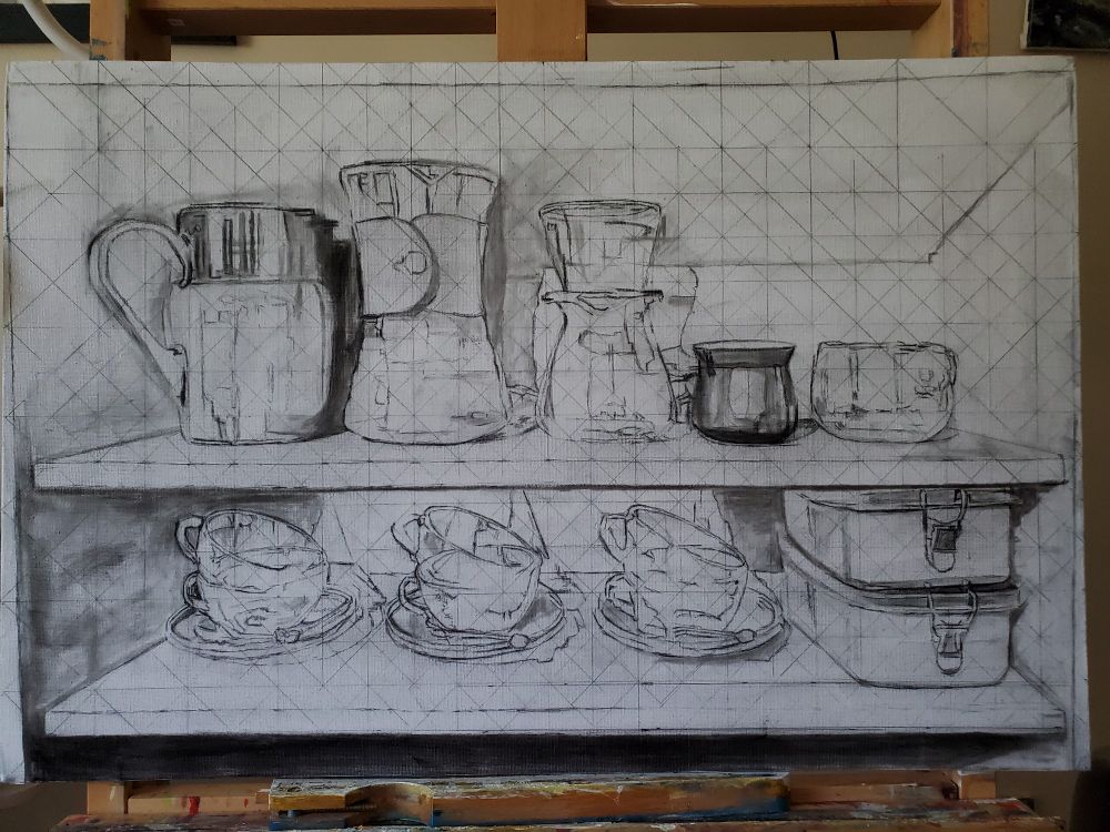 Semi-tonal layout drawing for an oil painting. The many reflections of my eldest son's coffee shelf. 😊 

I thought I would try something different and make the drawing more tonal. Usually, I just do the outlines. I mostly wanted to see how it looked. It also helps me familiarise myself the forms and direction of light - it will make the job of painting easier.

Image: Courtesy of my son. 