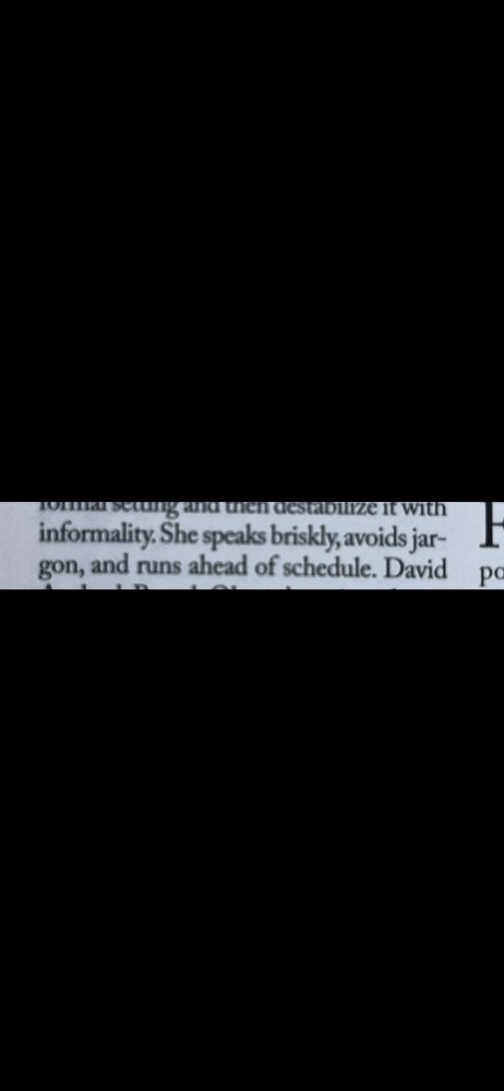 Clipping that says ‘she speaks briskly, avoids jargon, and runs ahead of schedule’