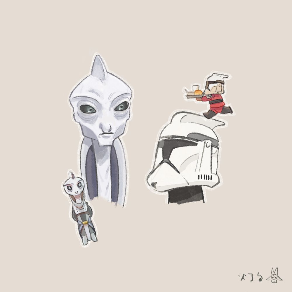 クローンウォーズのファンアート／ラマ・スーとクローン・トルーパーの頭部〜首までのスケッチ、後ろ手を組むデフォルメされたラマ・スー、食べ物のトレイを持って走るデフォルメされたクローン・トルーパー（ヘルメットはフェーズ1で、首から下は訓練生の服を着ています）