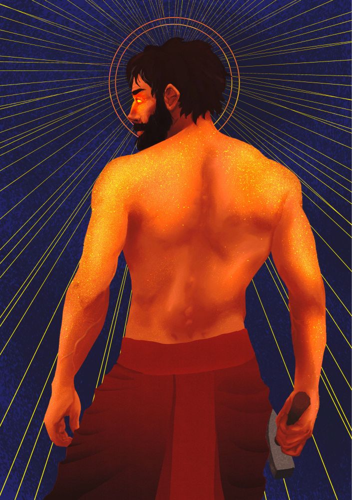 A man (Samothes) standing shirtless with his back against the viewer, holding a smith’s hammer
