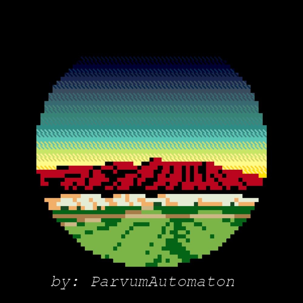 A digital mockup of a circular cross stitch pattern showing a landscape. A green field gives way to red-and-black plateaus in the distance, and above them the evening sky makes a gradient from yellow to teal blue to navy to black. The smooth sky gradient is made by using a mixture of full single-color stitches and stitches half of one color, and half of another.