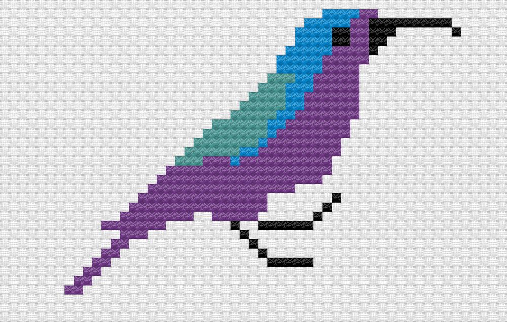 A digital mockup of a simple cross-stitch pattern of a Palestinian sunbird. It has an iridescent color scheme in purple, blue, and teal green. 