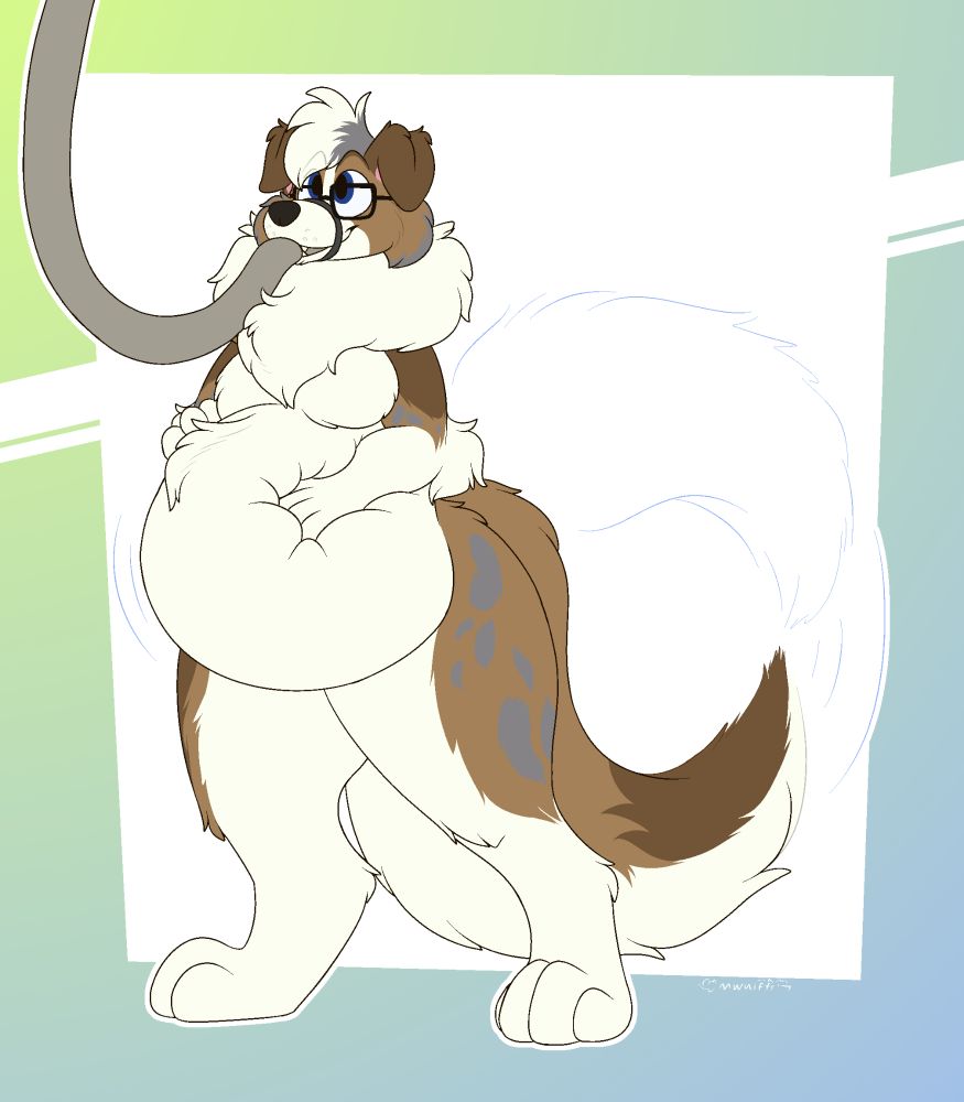 Benji with a hose from the sky in their mouth and a strap around their muzzle, looking up at where the hose seemingly comes from as their belly starts to expand.