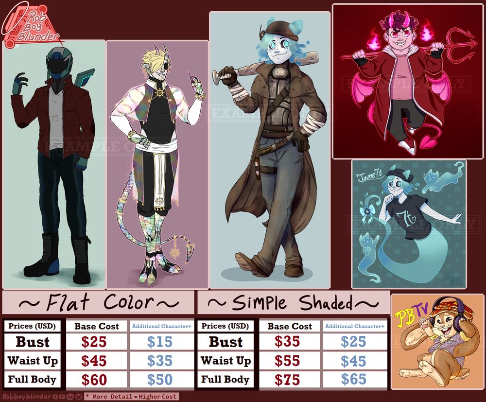 Page 2: price page for flat color and simple shading illustrations with various examples of the flat color and various simple shading techniques including cell shading and gradient coloring.

Flat color prices: bust $25 ($15 per additional character), waist up $45 ($35 per additional character), full body $60 ($50 per additional character).

Simple shading prices: bust $35 ($25 per additional character), waist up $55 ($45 per additional character), full body $75 ($65 per additional character).
