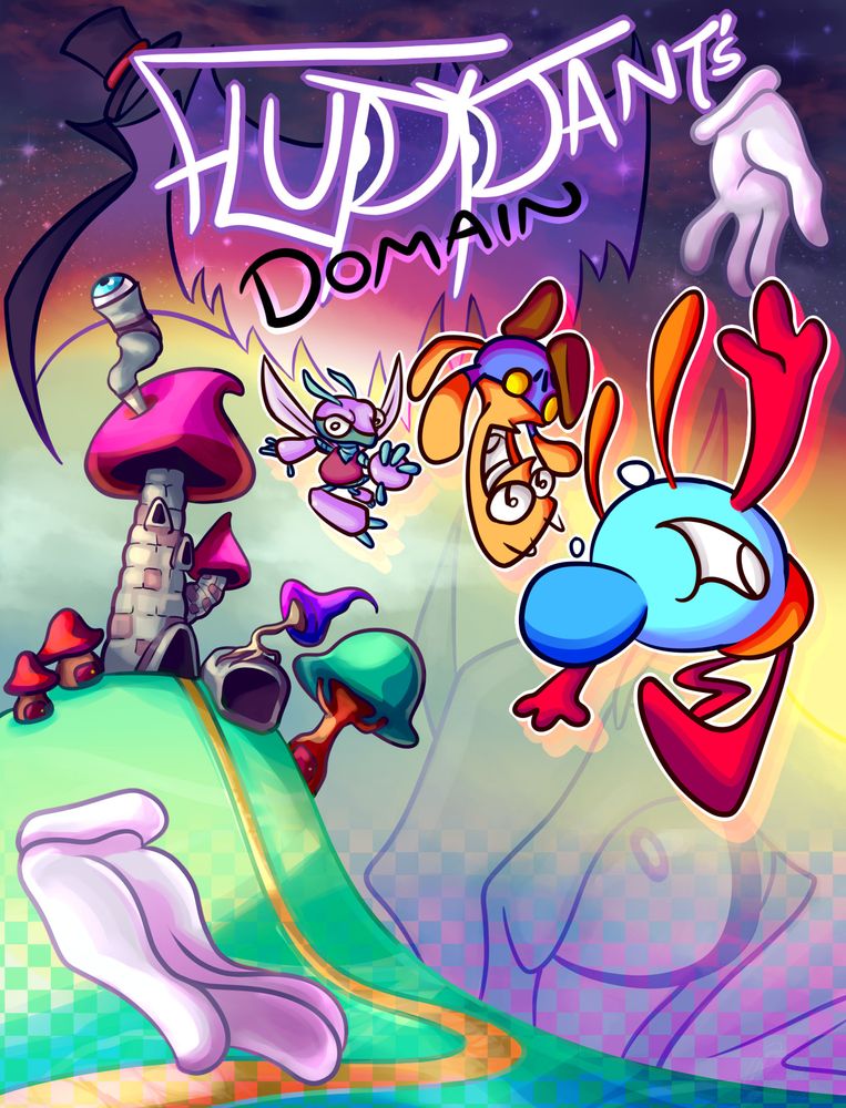a digital drawing of a poster mockup for a made up show called "fluppant's domain". It has a colorful cartoonish vibe featuring a scene of a green grass hill with various mushroom themed buildings on it and a path winding down. A tall observation mushroom tower has a blue eye telescope looking upwards to the starry sky above.

the logo reads "Fluppant's domain" with the two P's looking like glaring eyes with a grinning mouth, cloak and top hat behind it. Two large gloved white hands are framing the scene.

In the front are three cartoon characters, from right to left being Beppo a rabbit eared blue orange and red fellow, vavoomus a sort of wooden plank/beaver creature with blue pants and brown shoes, and Bruntus a purple and turquoise dragonfly with a red shirt.

in the bottom left is a faded peering eye from a face that looks like a cloaked bruntus.