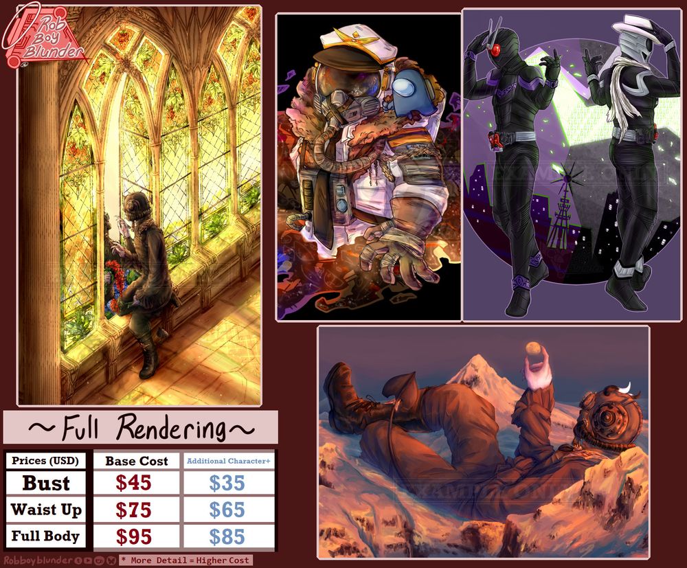 Page 3: price page for full rendered illustrations with various examples showing different levels of background detail and rendering.

Full Rendering: bust $45 ($35 per additional character), waist up $75 ($65 per additional character), full body $95 ($85 per additional character).
